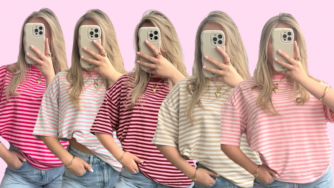 banner blog model met gestreepte t-shirts
