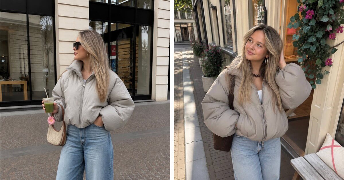 Twee outfits met de taupe puffer jas dames, gecombineerd met een jeans, voor een najaars- en winterlook