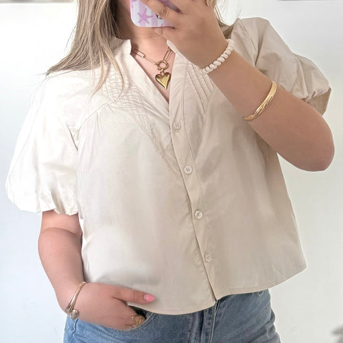 Beige blouse met pofmouwen