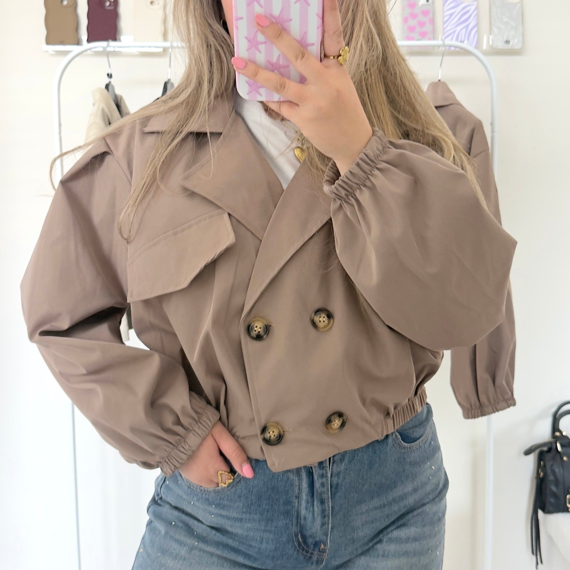 Cropped trench coat dames taupe 