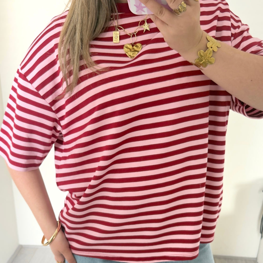Roze burgundy gestreept oversized t-shirt dames