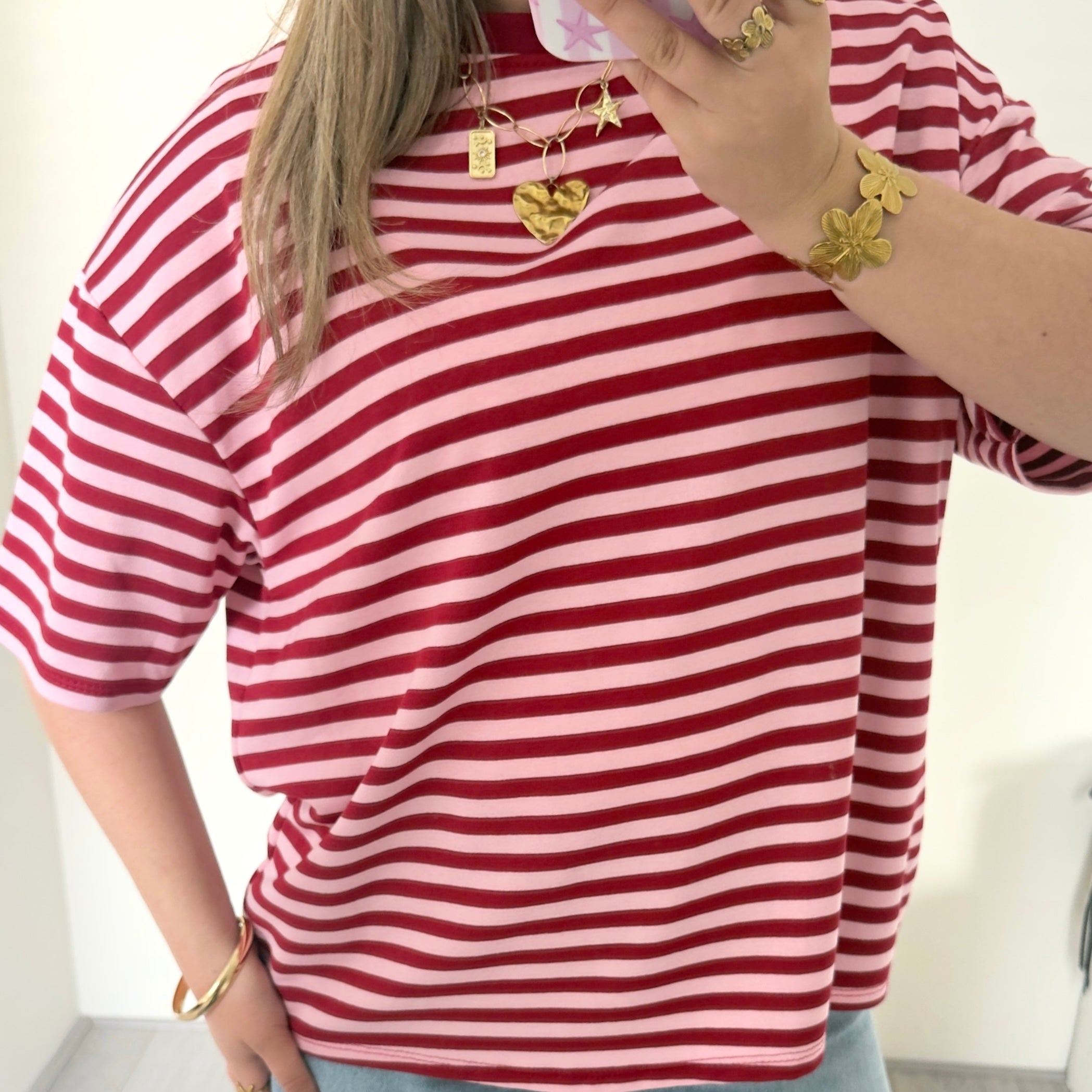 Roze burgundy gestreept oversized t-shirt dames