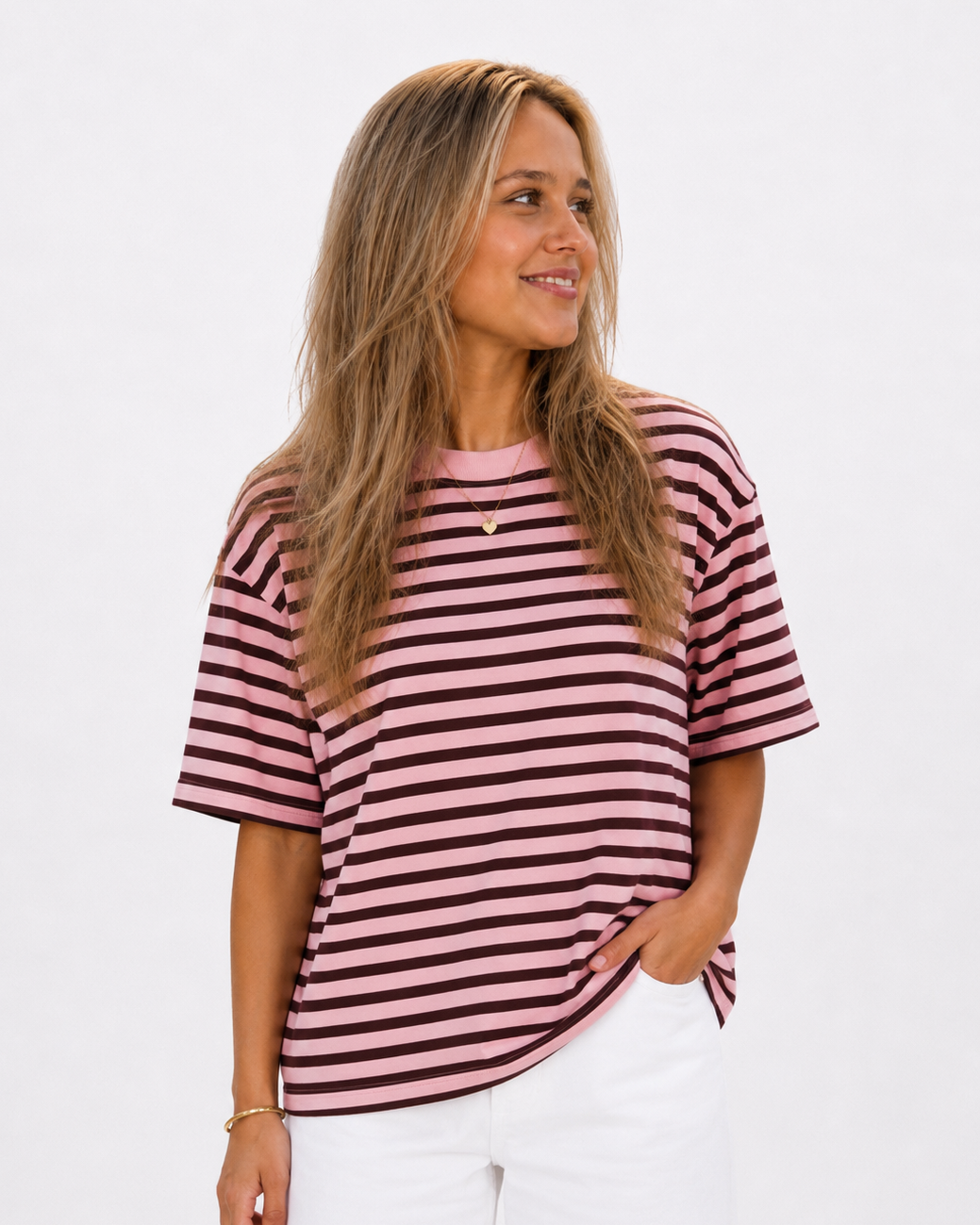 Gestreept Shirt Roze/Bruin – Dames T-Shirt One Size (XS-L)