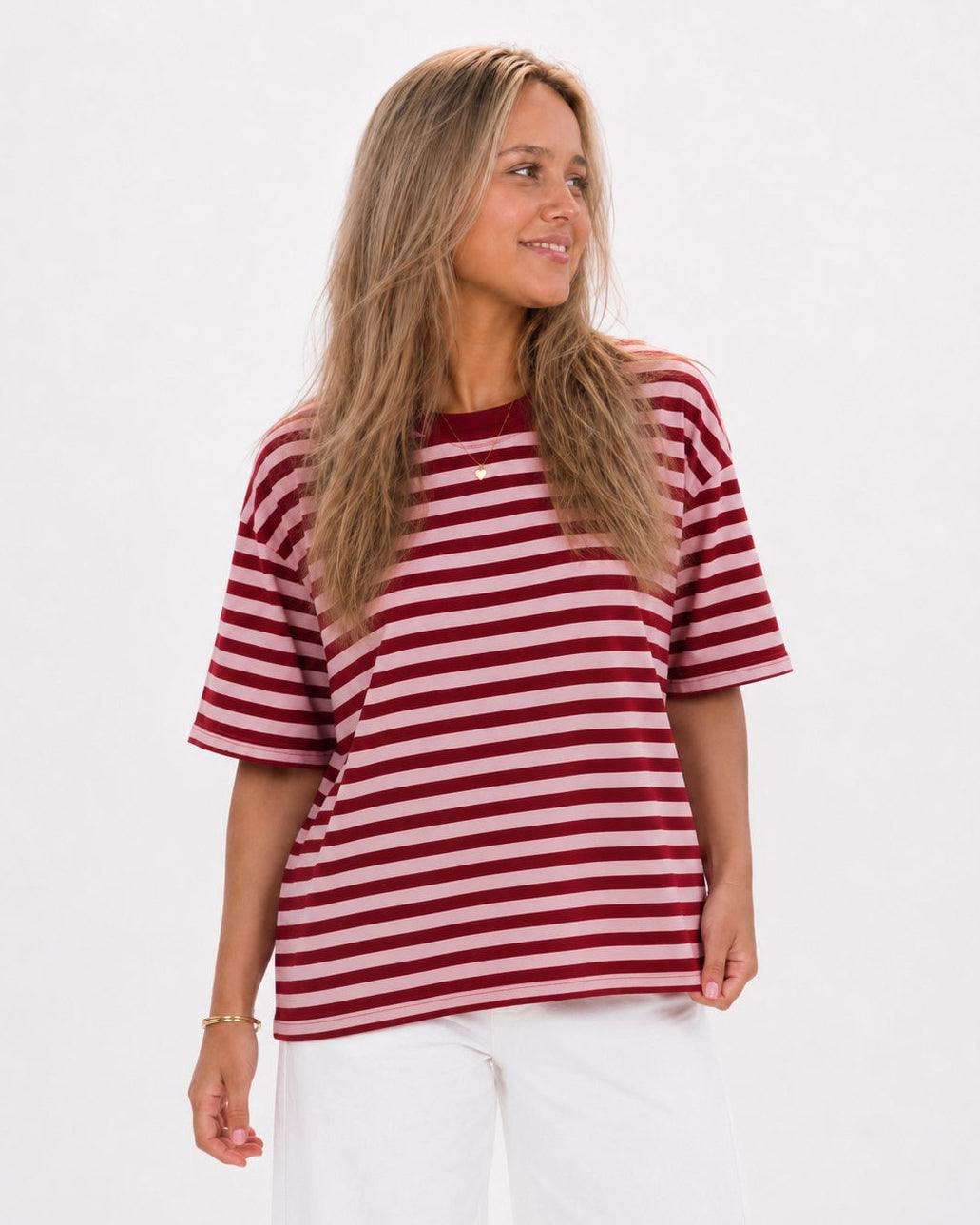 Roze burgundy gestreept oversized t-shirt dames