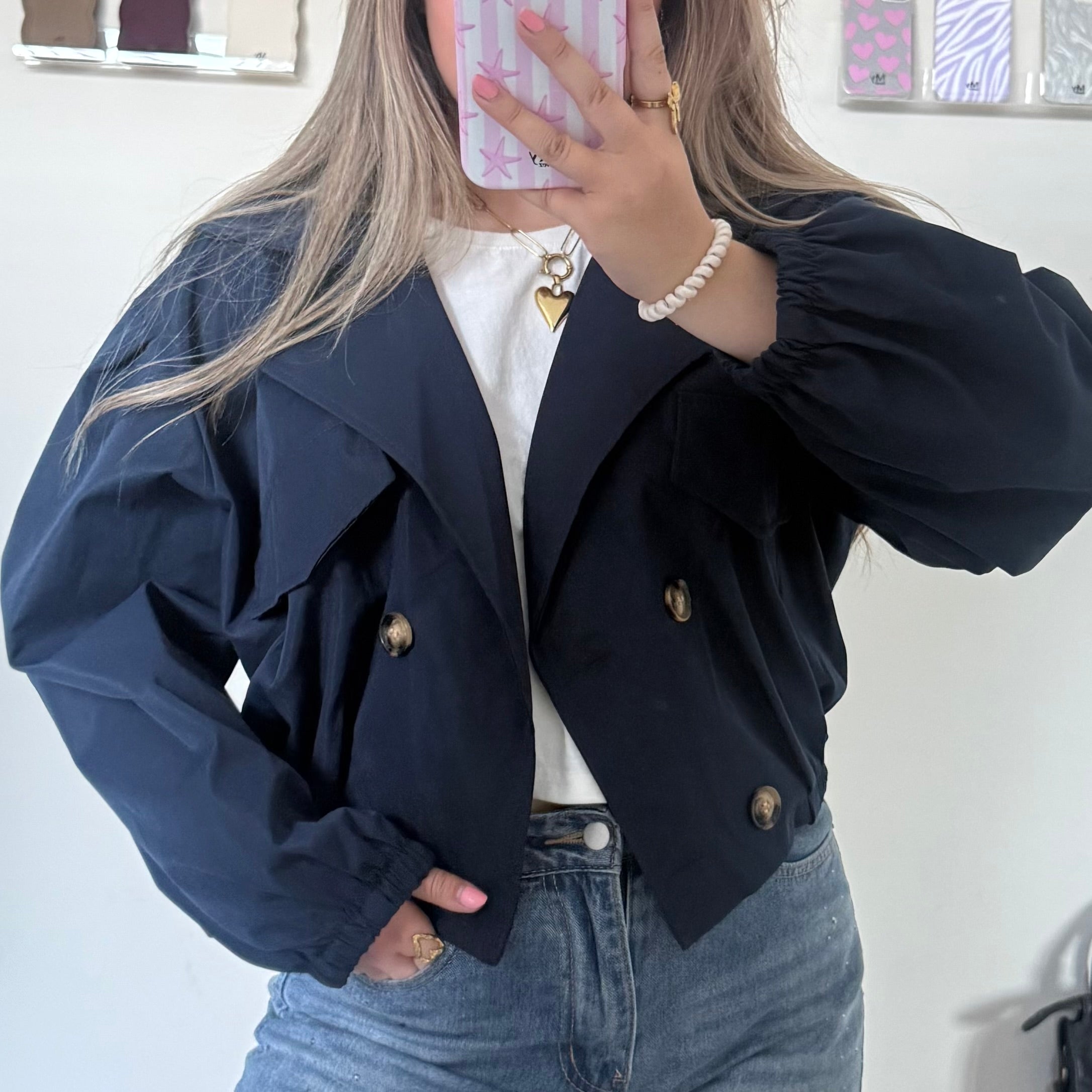 Cropped trench coat navy blauw