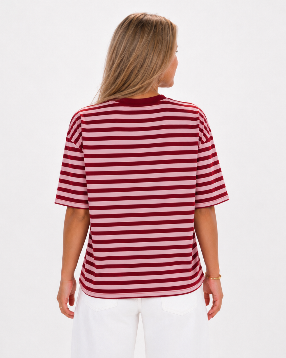 Roze burgundy gestreept oversized t-shirt dames