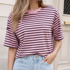 Gestreept Shirt Roze/Bruin – Dames T-Shirt One Size (XS-L)