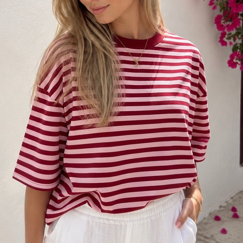Roze burgundy gestreept oversized t-shirt dames