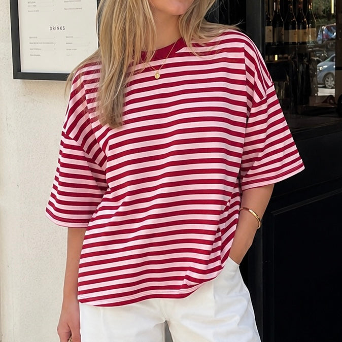 Roze burgundy gestreept oversized t-shirt dames