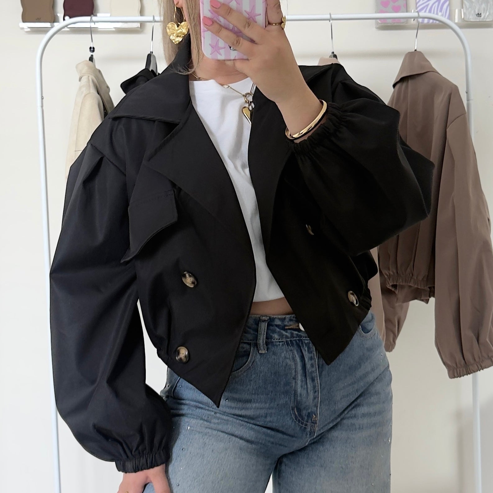 Cropped trench coat dames zwart