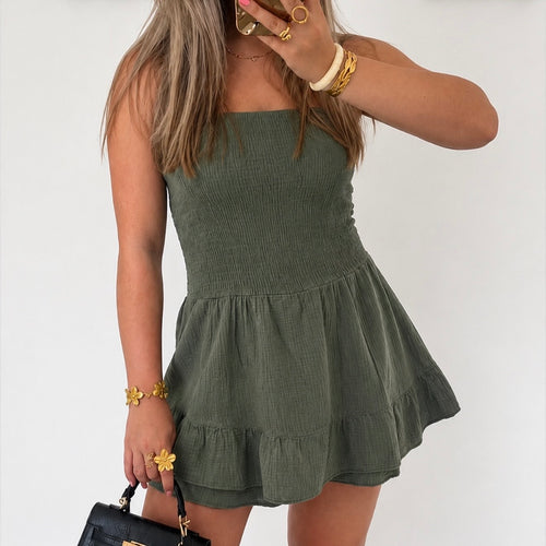 Army green strapless playsuit van 100% katoen