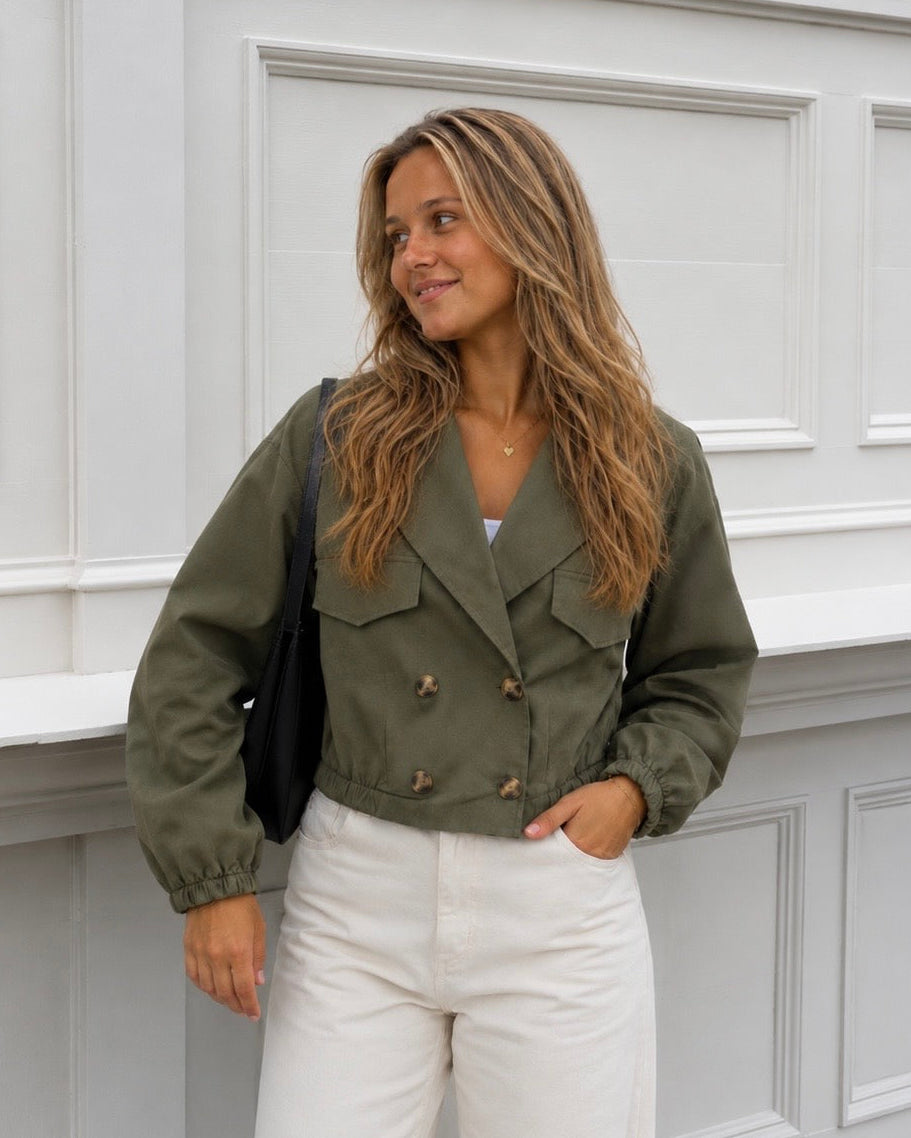 Cropped trench coat dames army groen