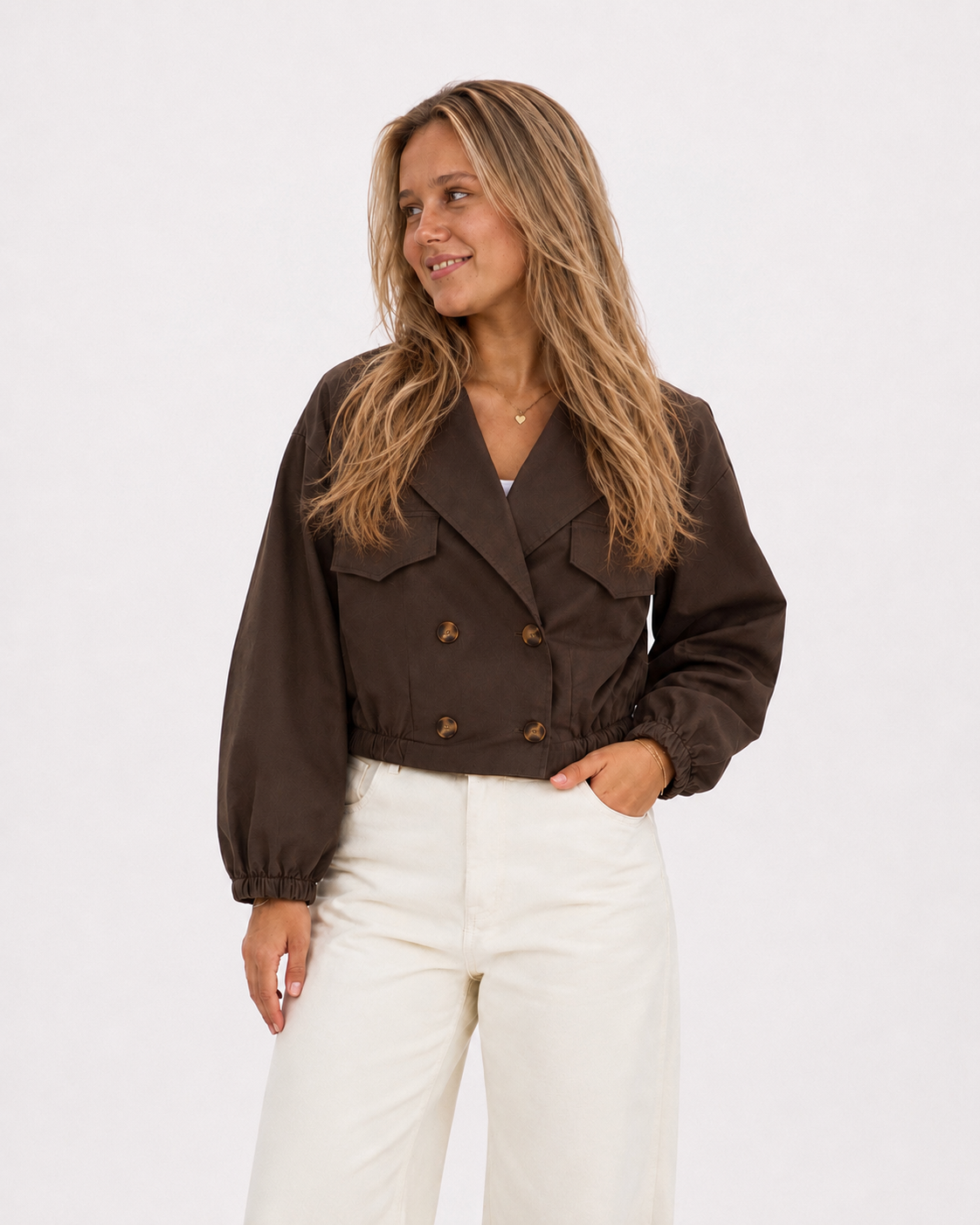 Cropped trench coat dames donkerbruin one size