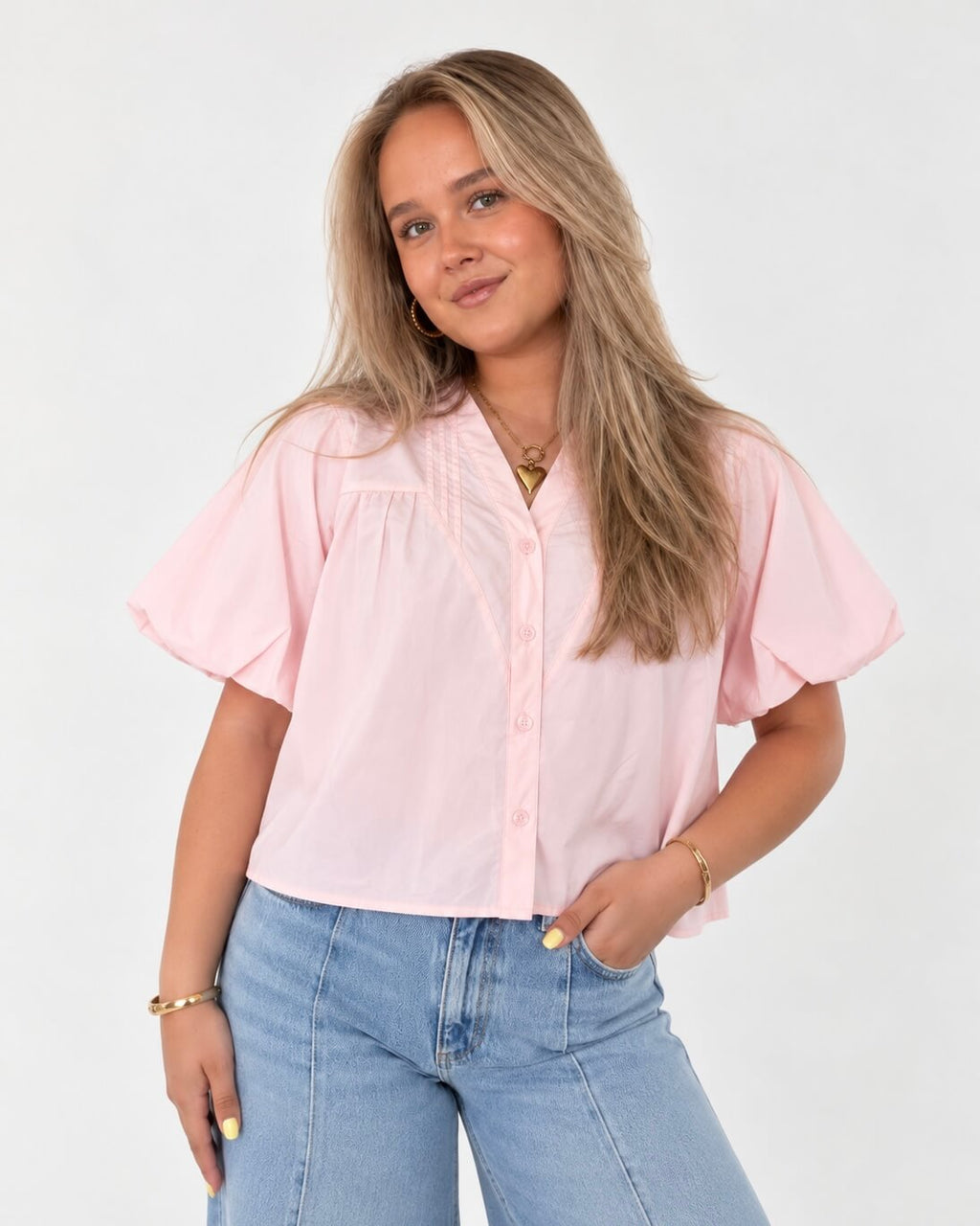Roze blouse dames met pofmouwen