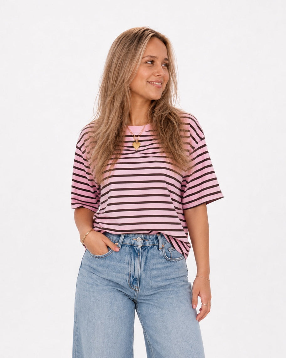 Gestreept Shirt Roze/Bruin – Dames T-Shirt One Size (XS-L)