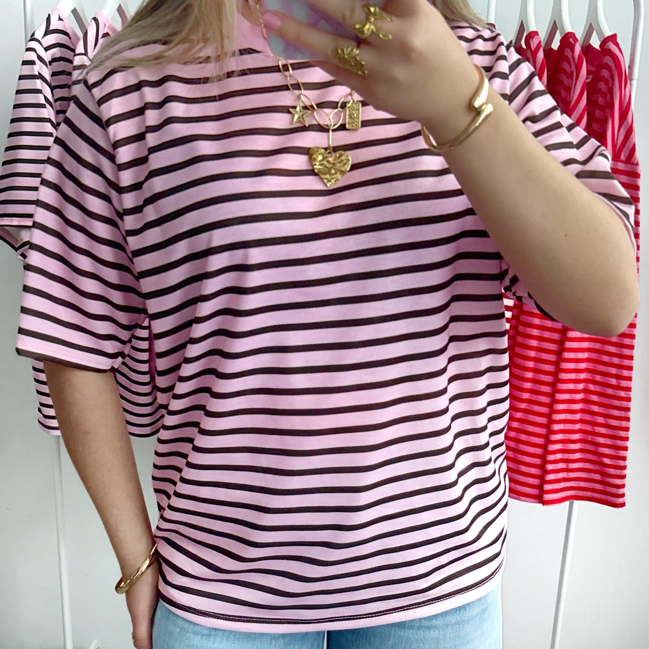 Gestreept Shirt Roze/Bruin – Dames T-Shirt One Size (XS-L)