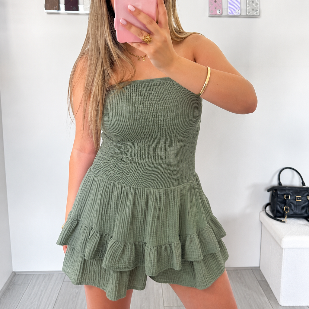Olijfgroene strapless playsuit van 100% katoen | One size XS-L | Pre-order 16/07