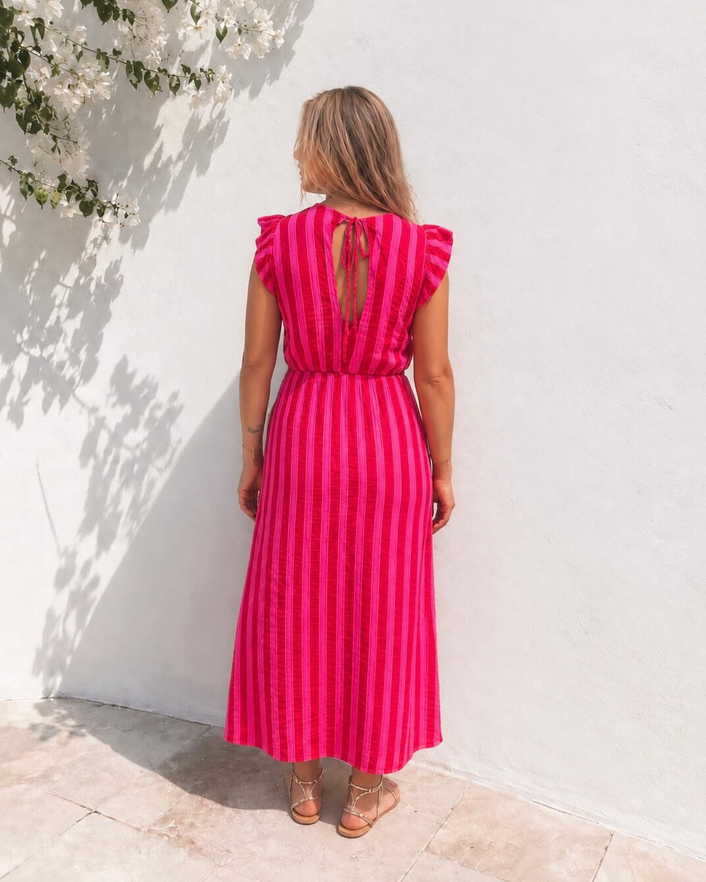 Maxi jurk rood roze gestreept