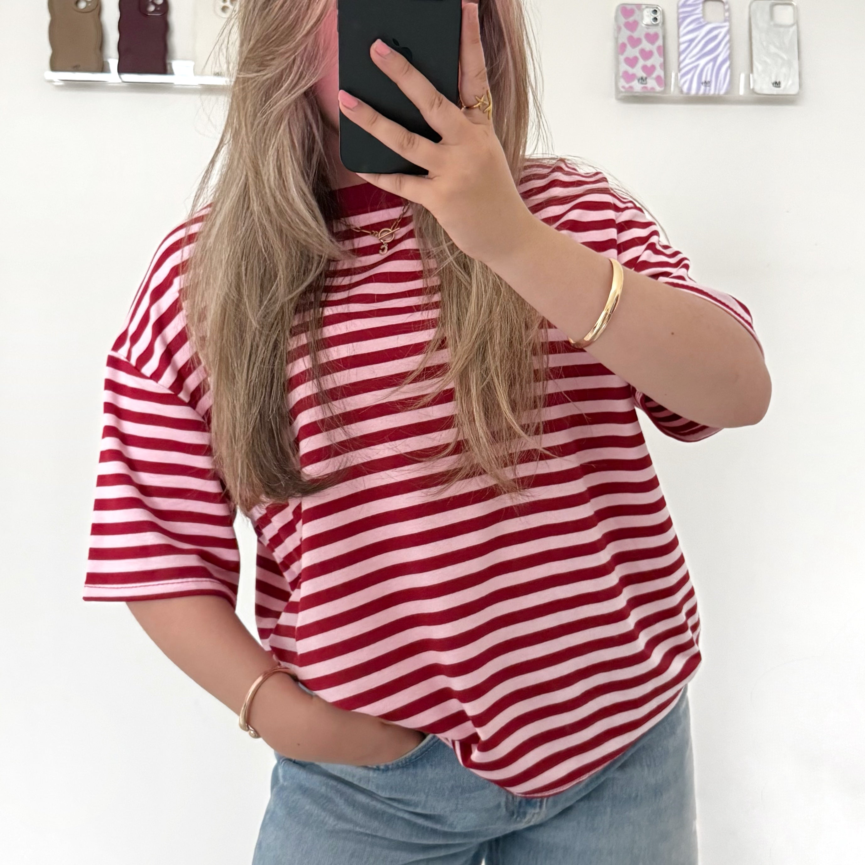 Roze burgundy gestreept oversized t-shirt dames