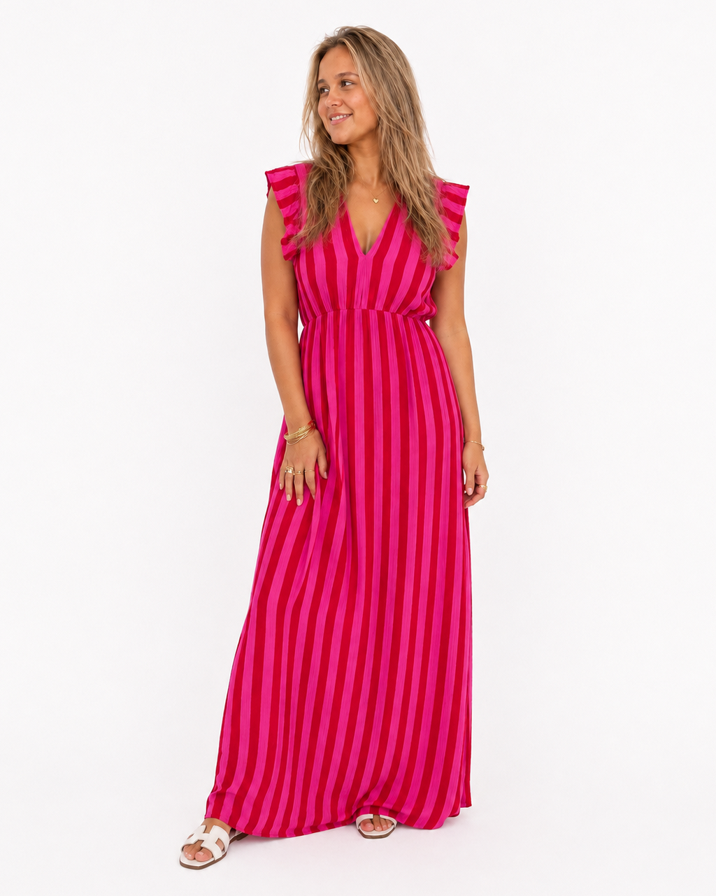 Rood roze gestreepte maxi jurk met V hals en ruches