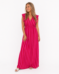 Rood roze gestreepte maxi jurk met V hals en ruches