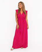 Rood roze gestreepte maxi jurk met V hals en ruches