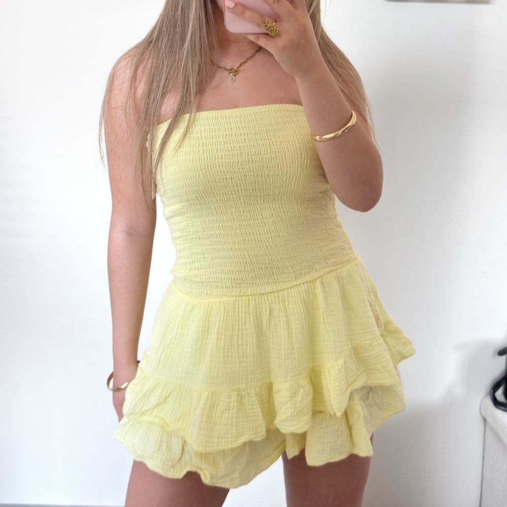 Strapless playsuit geel katoen dames
