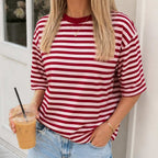 Roze burgundy gestreept oversized t-shirt dames