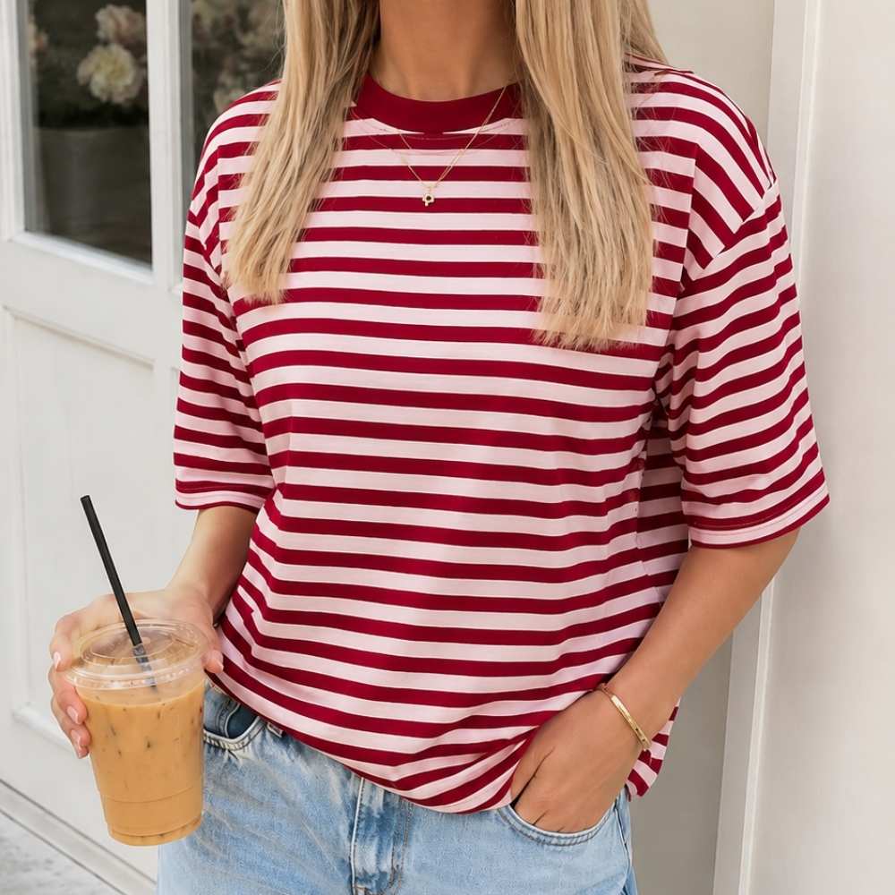 Roze burgundy gestreept oversized t-shirt dames