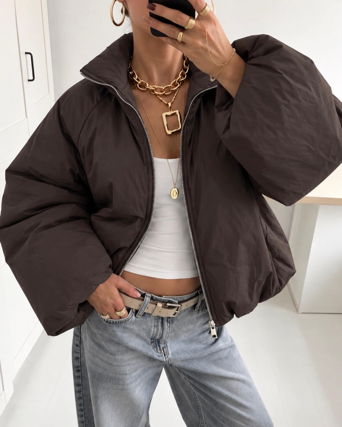 Puffer jas dames taupe