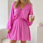 Roze katoenen jurkje dames met elastische taille