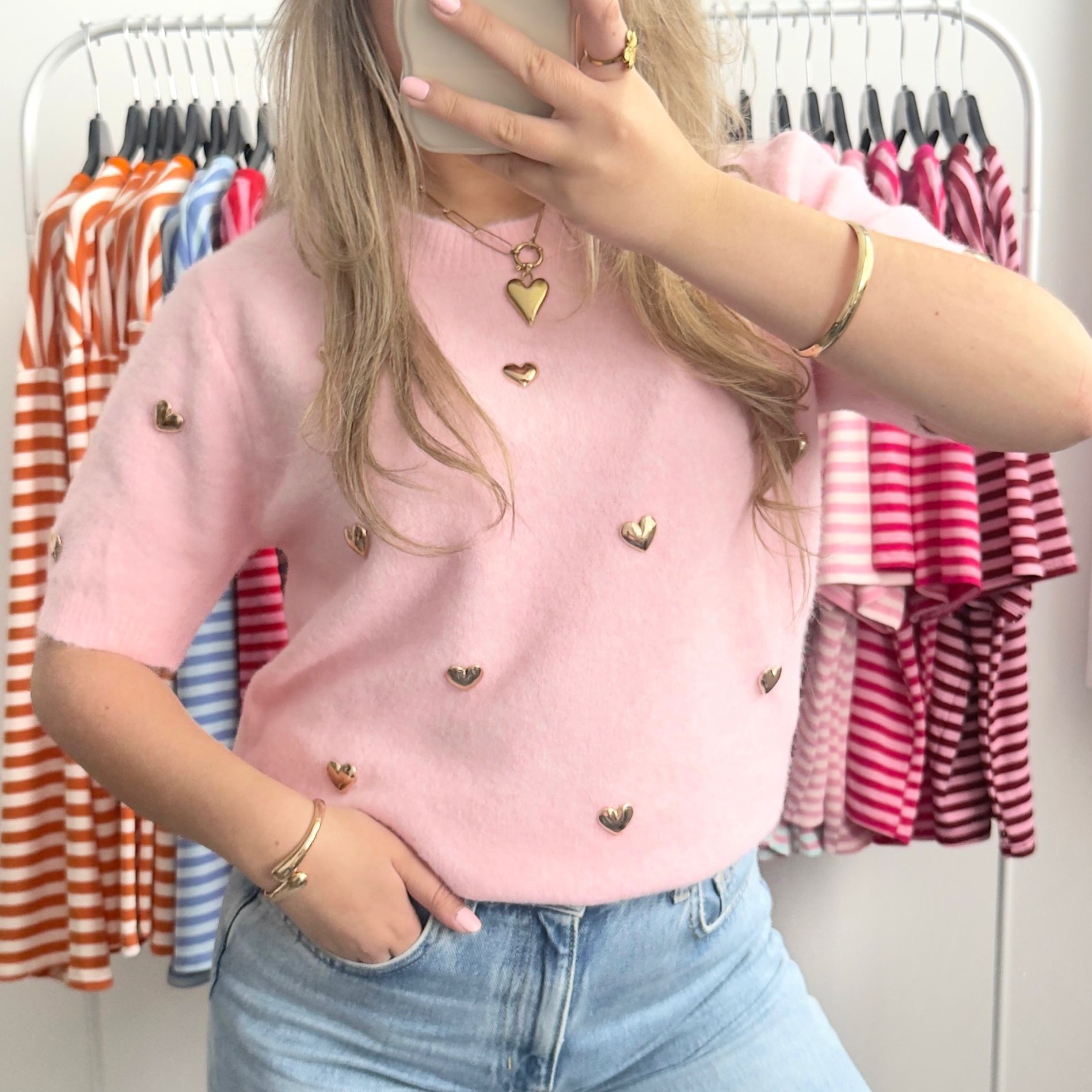 Roze top met gouden hartjes dames