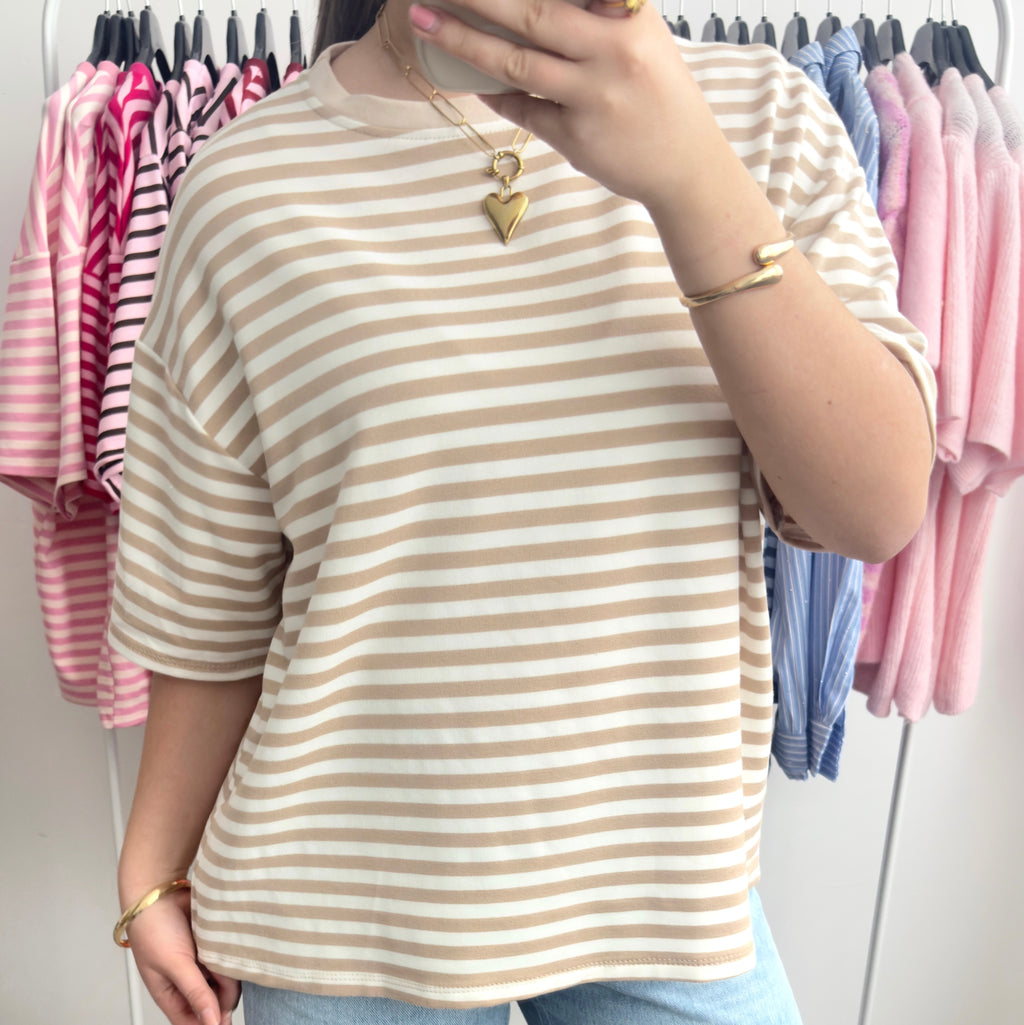 Beige wit gestreept oversized t-shirt dames