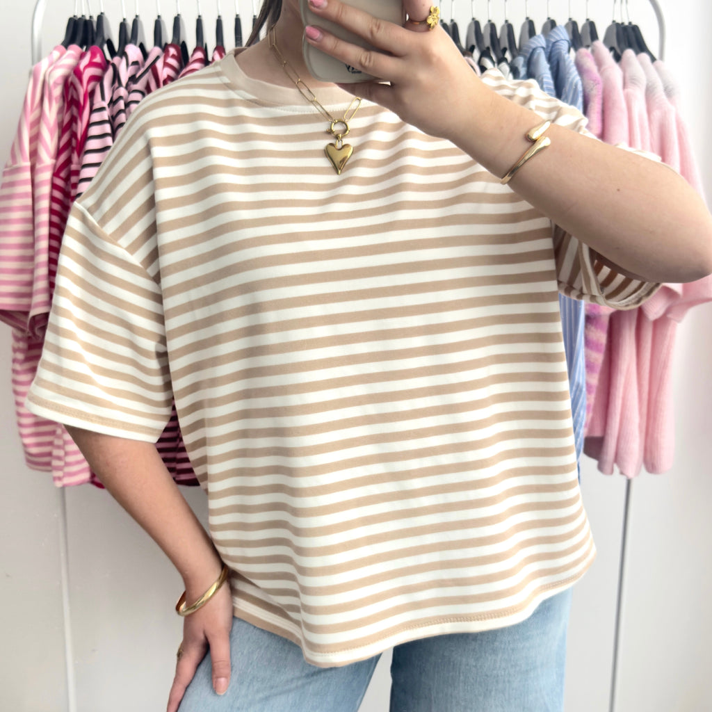 Beige wit gestreept oversized t-shirt dames