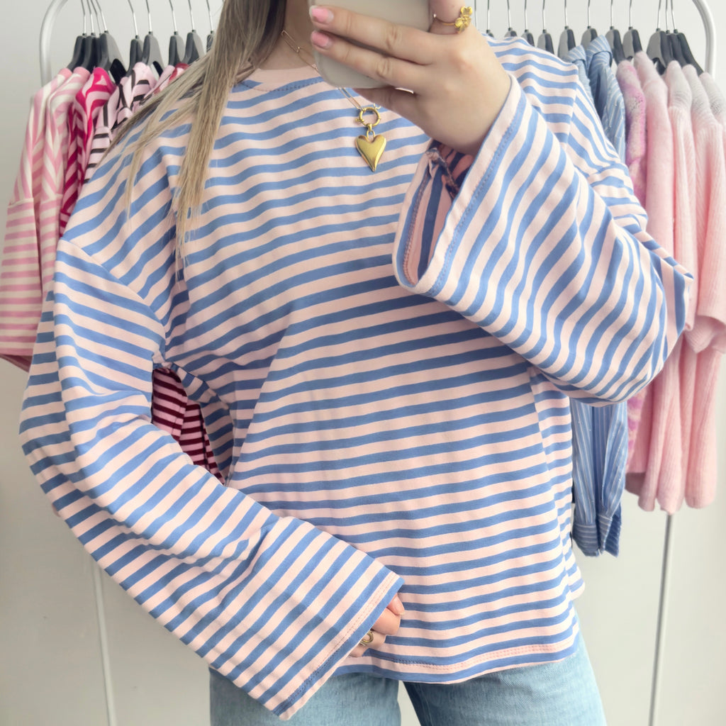 blauw roze gestreepte longsleeve dames