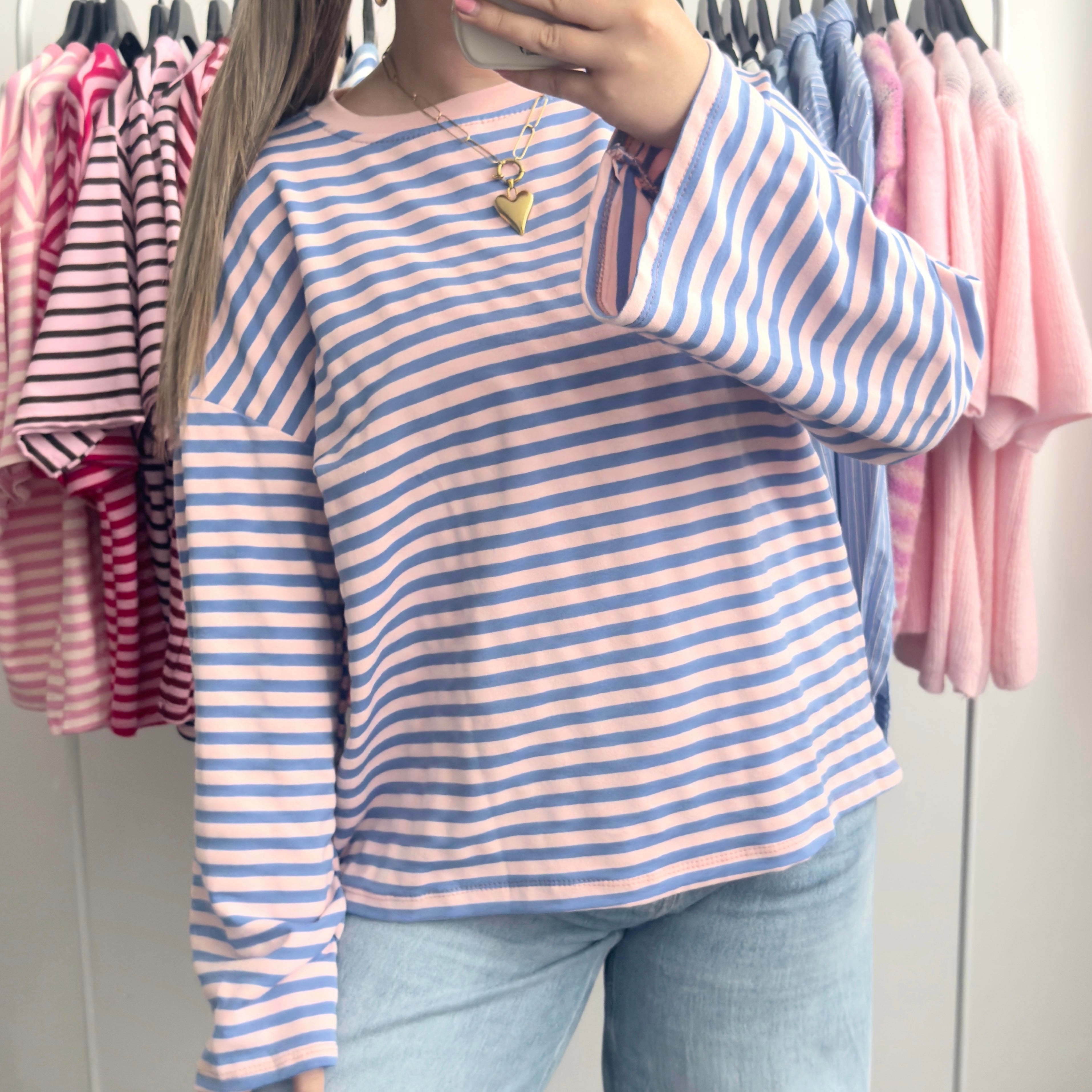 Blauw lichtroze gestreepte longsleeve dames