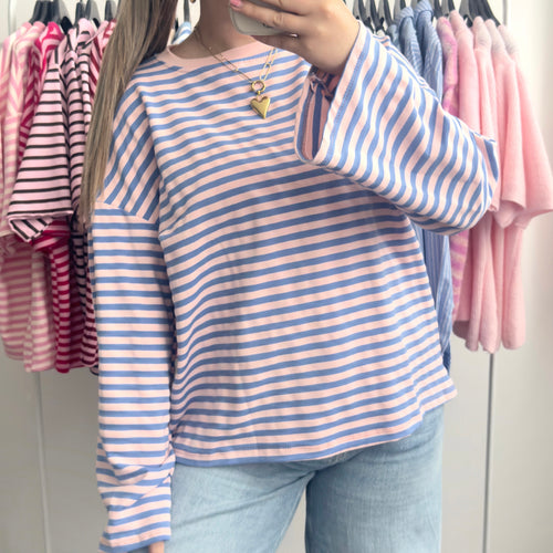 Blauw lichtroze gestreepte longsleeve dames