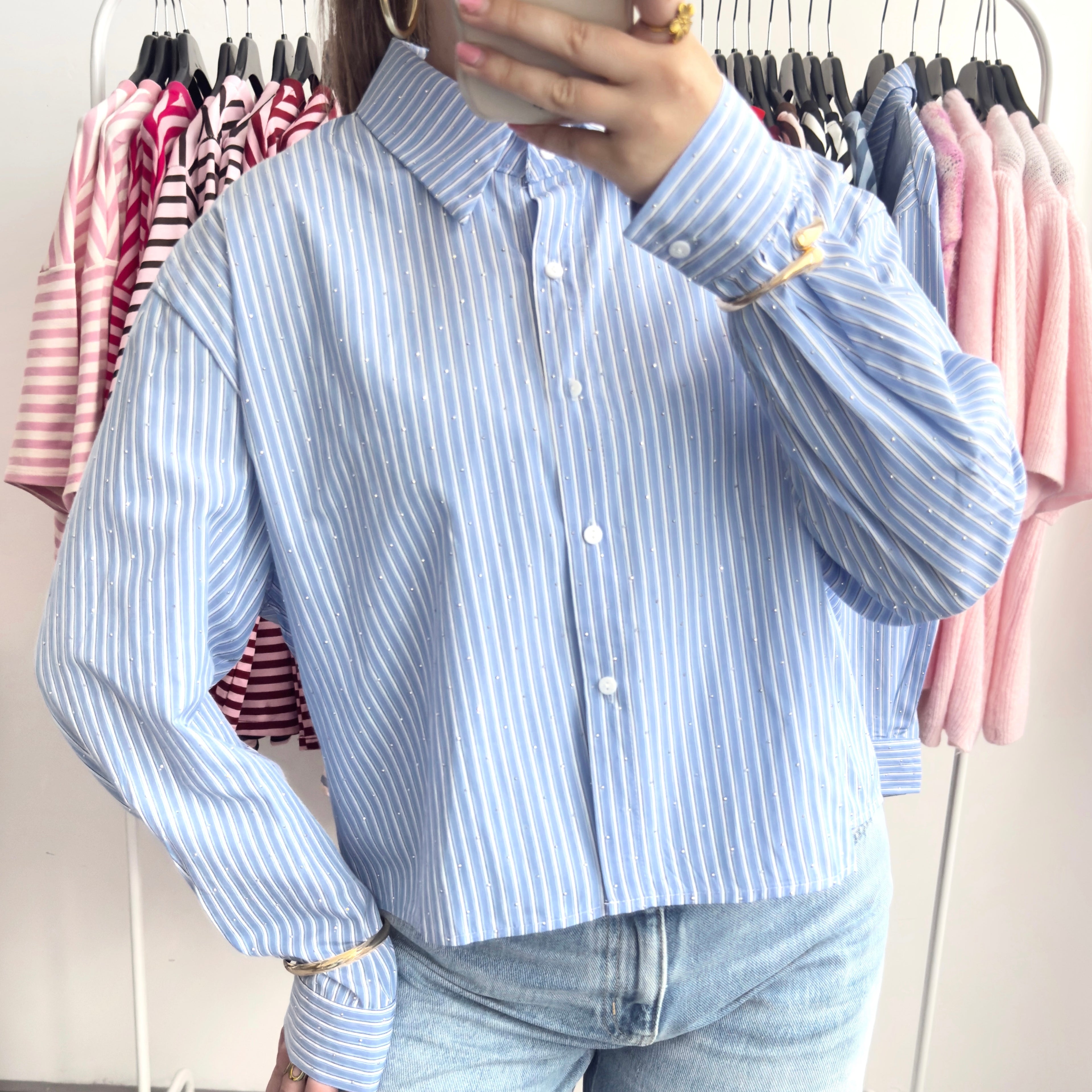 Blauwe strass blouse met stropdas sjaaltje