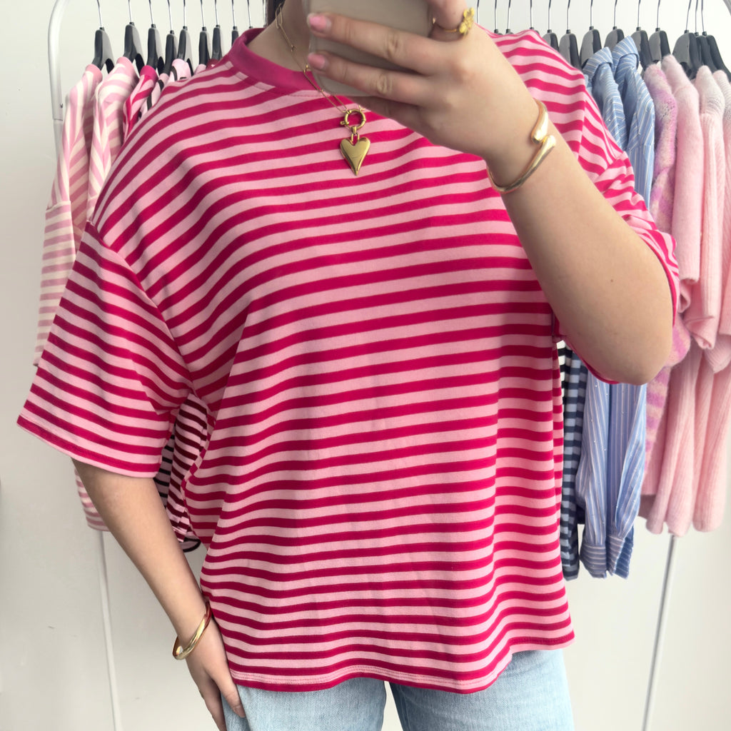 Roze donkerroze gestreept oversized t-shirt dames