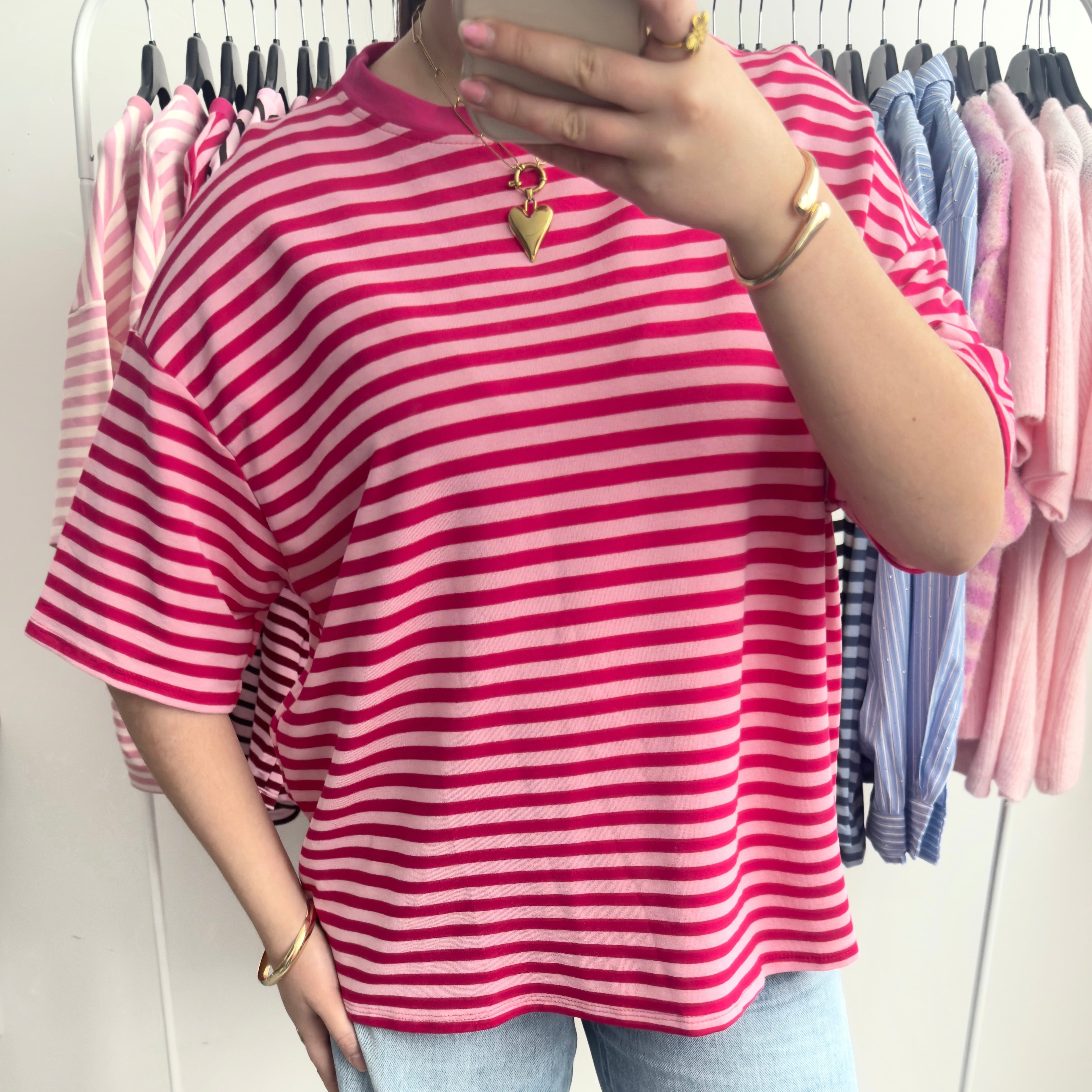 Roze donkerroze gestreept oversized t-shirt dames