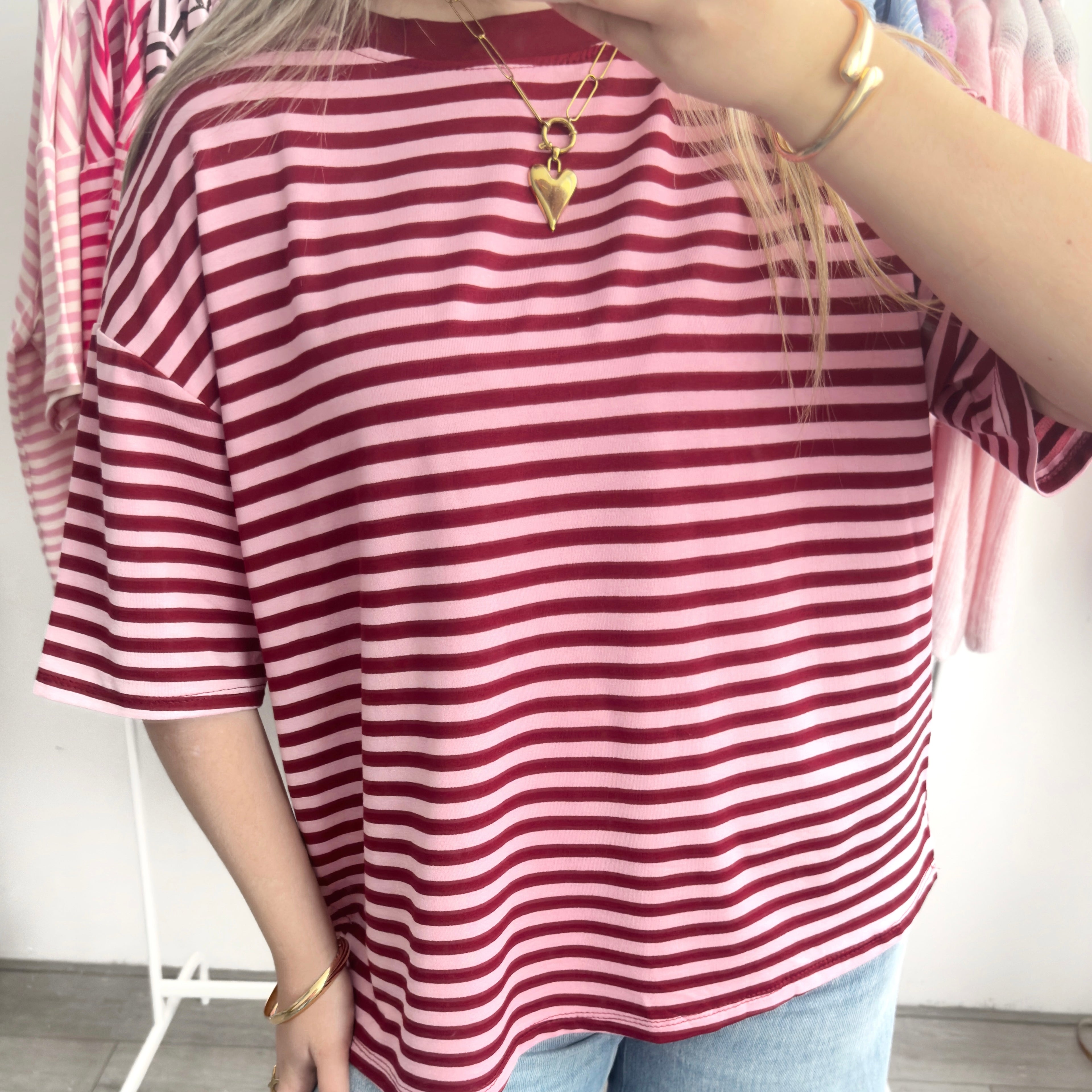 Roze burgundy gestreept oversized t-shirt dames
