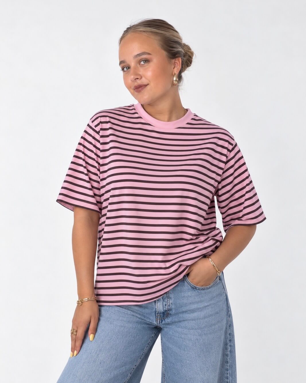 gestreept t-shirt donkerbruin roze dames