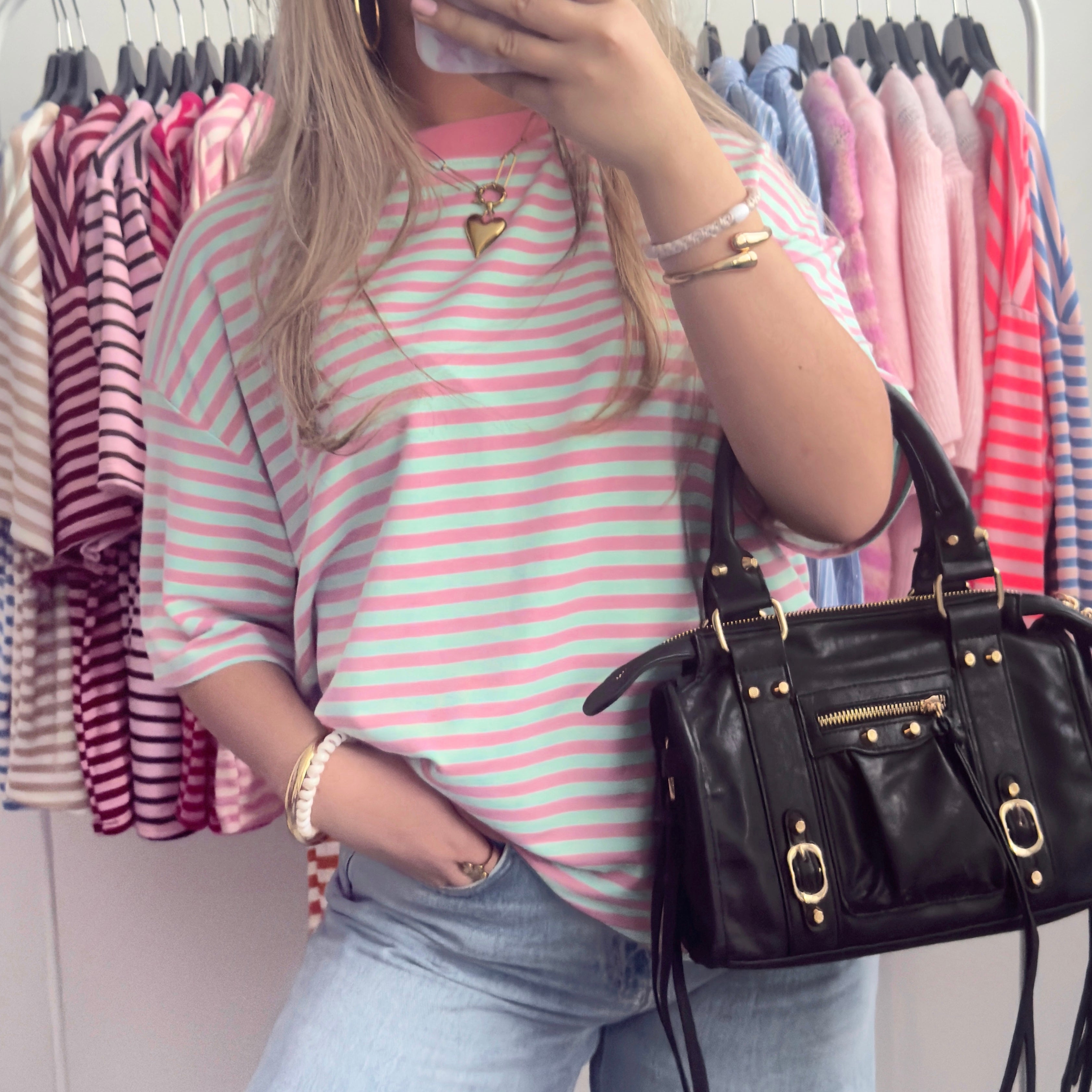 Mint groen roze gestreept t-shirt dames