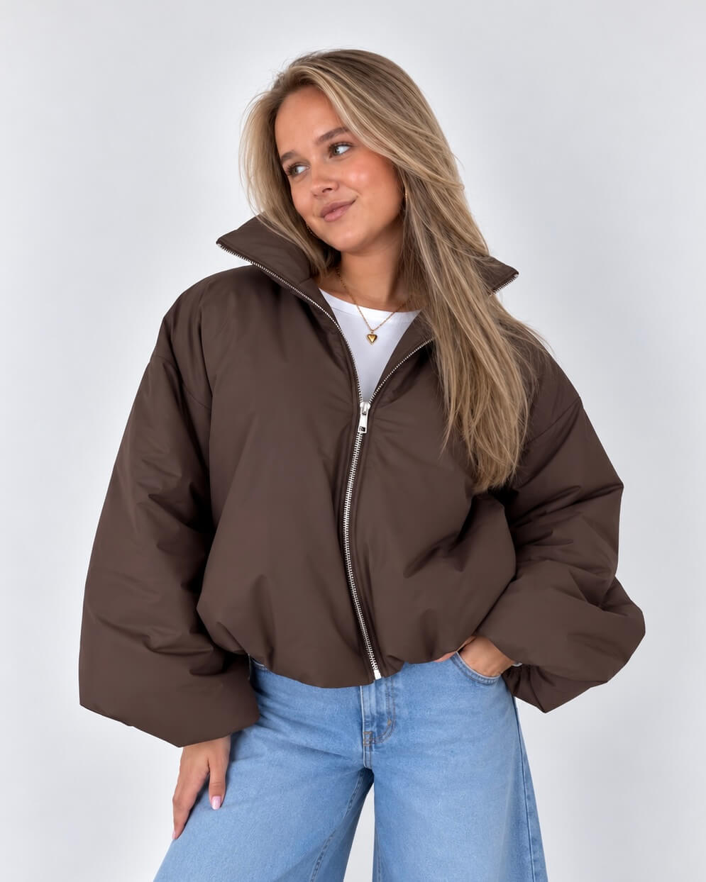 puffer jas dames donkerbruin
