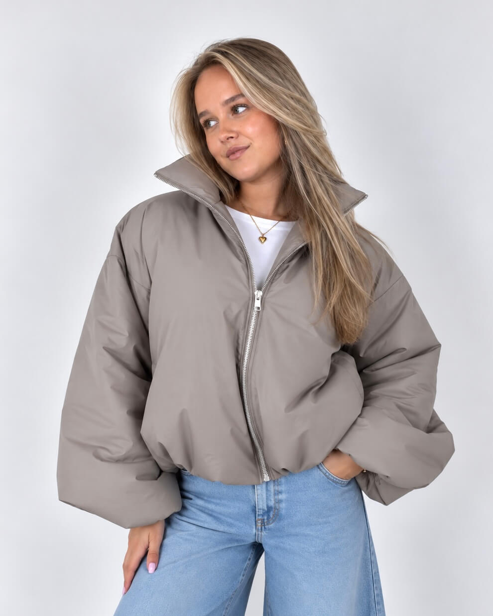 puffer jas dames taupe