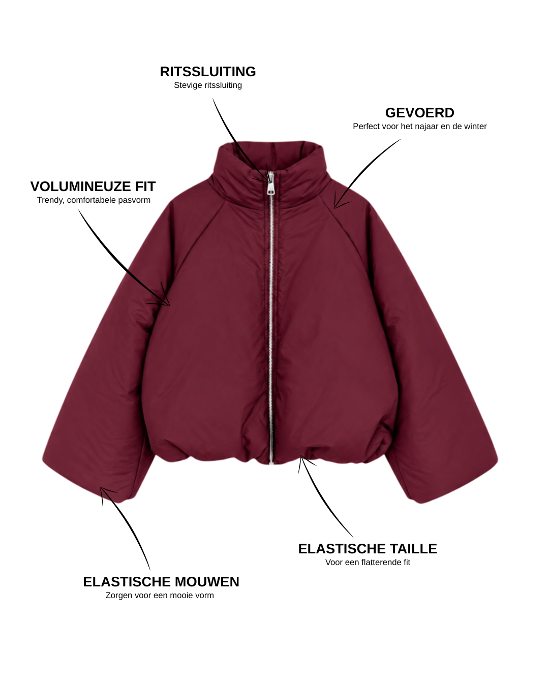 pufferjas bordeaux specificaties