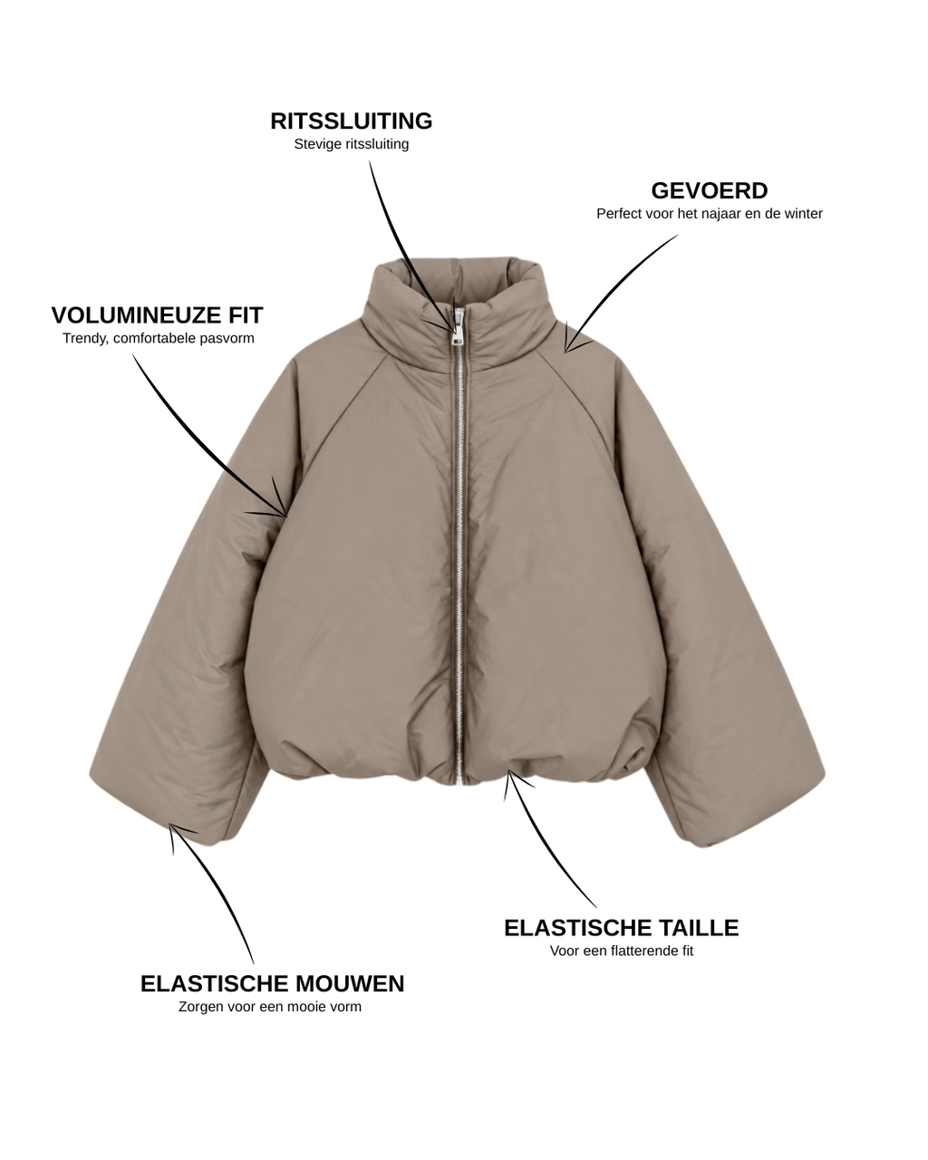 pufferjas taupe specificaties