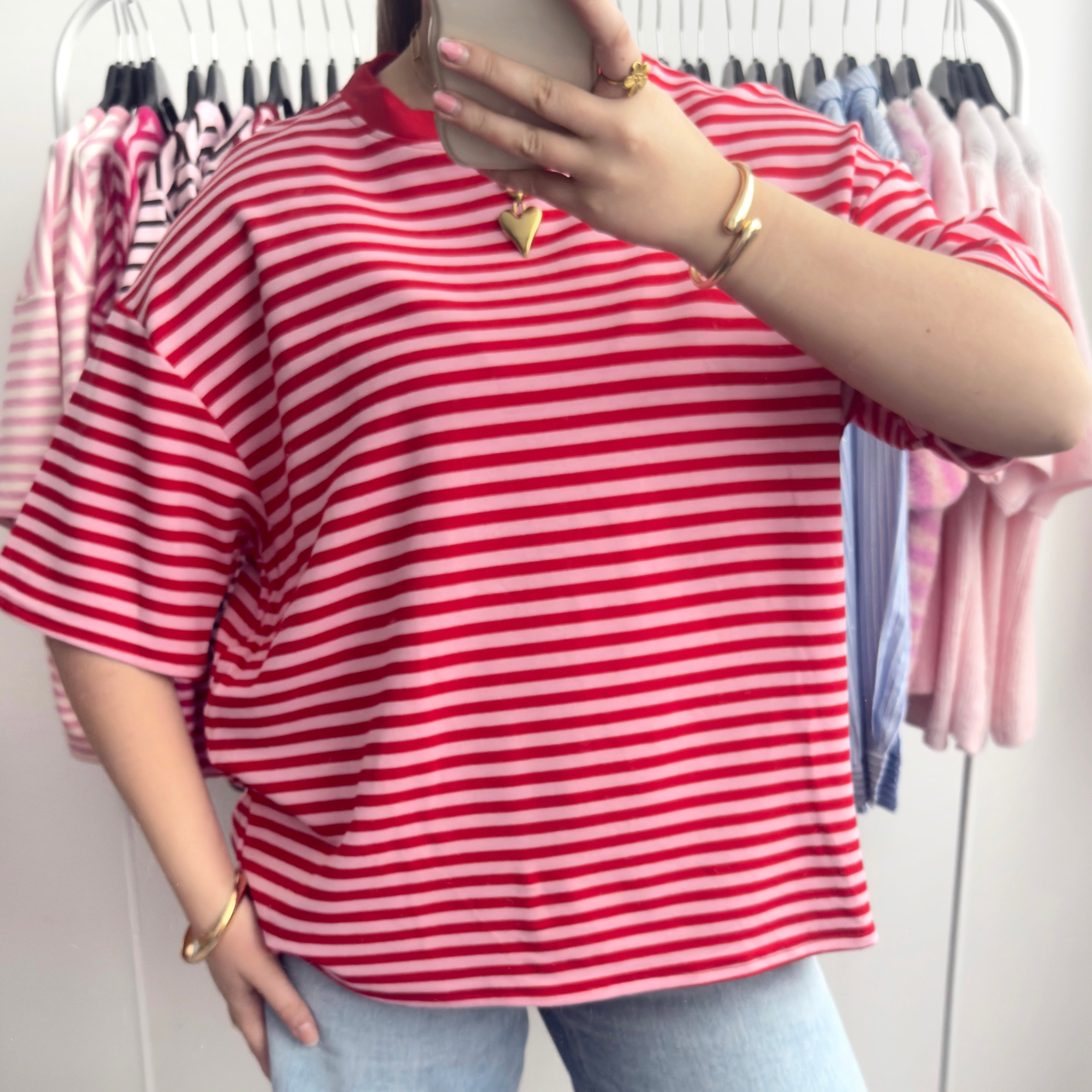 Rood roze gestreept oversized t-shirt dames
