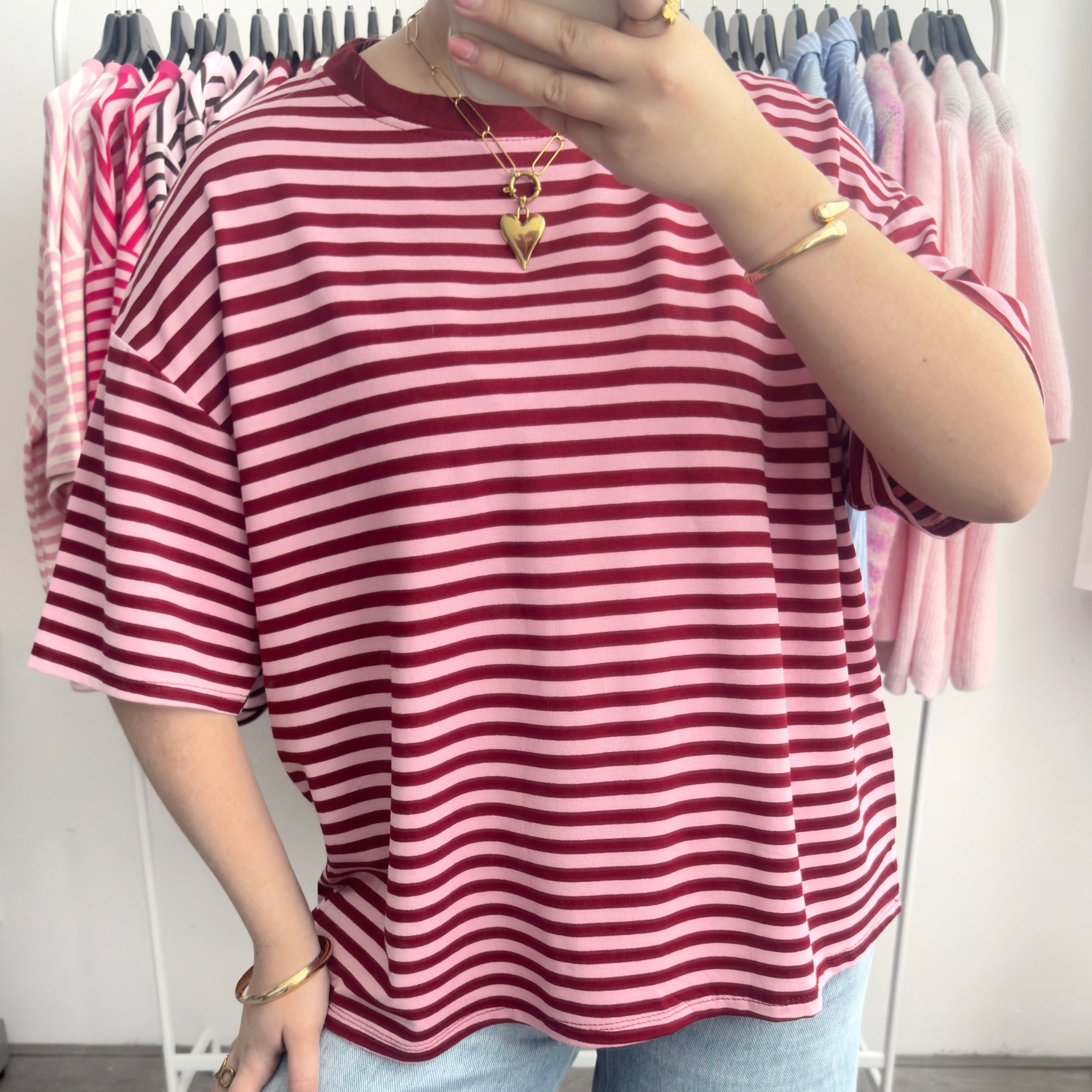 Roze burgundy gestreept oversized t-shirt dames