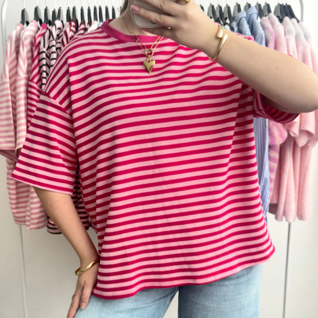Roze donkerroze gestreept oversized t-shirt dames